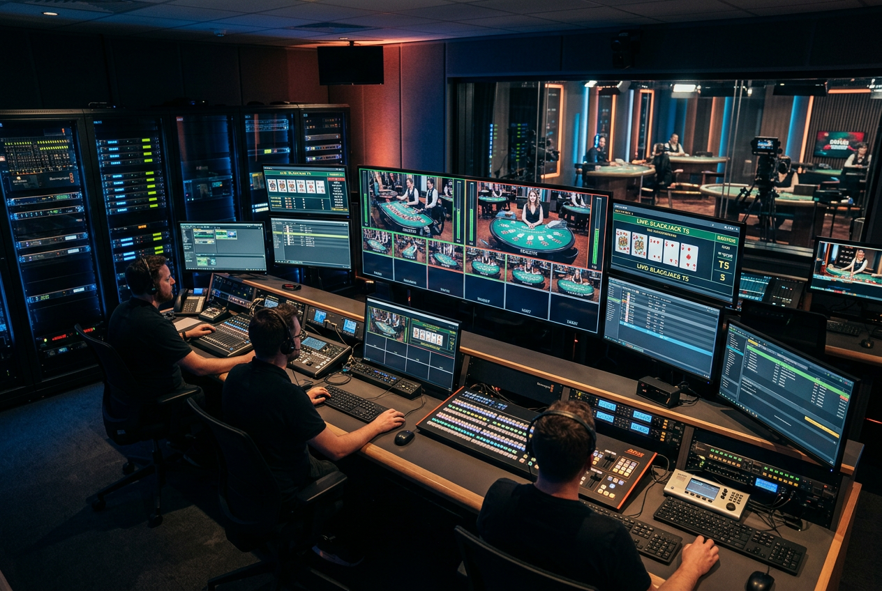 Widok zza kulis na technologię streamingu w studio kasyna