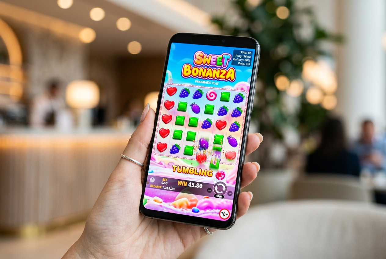 Smartfon wyświetlający płynną animację slotu Pragmatic Play