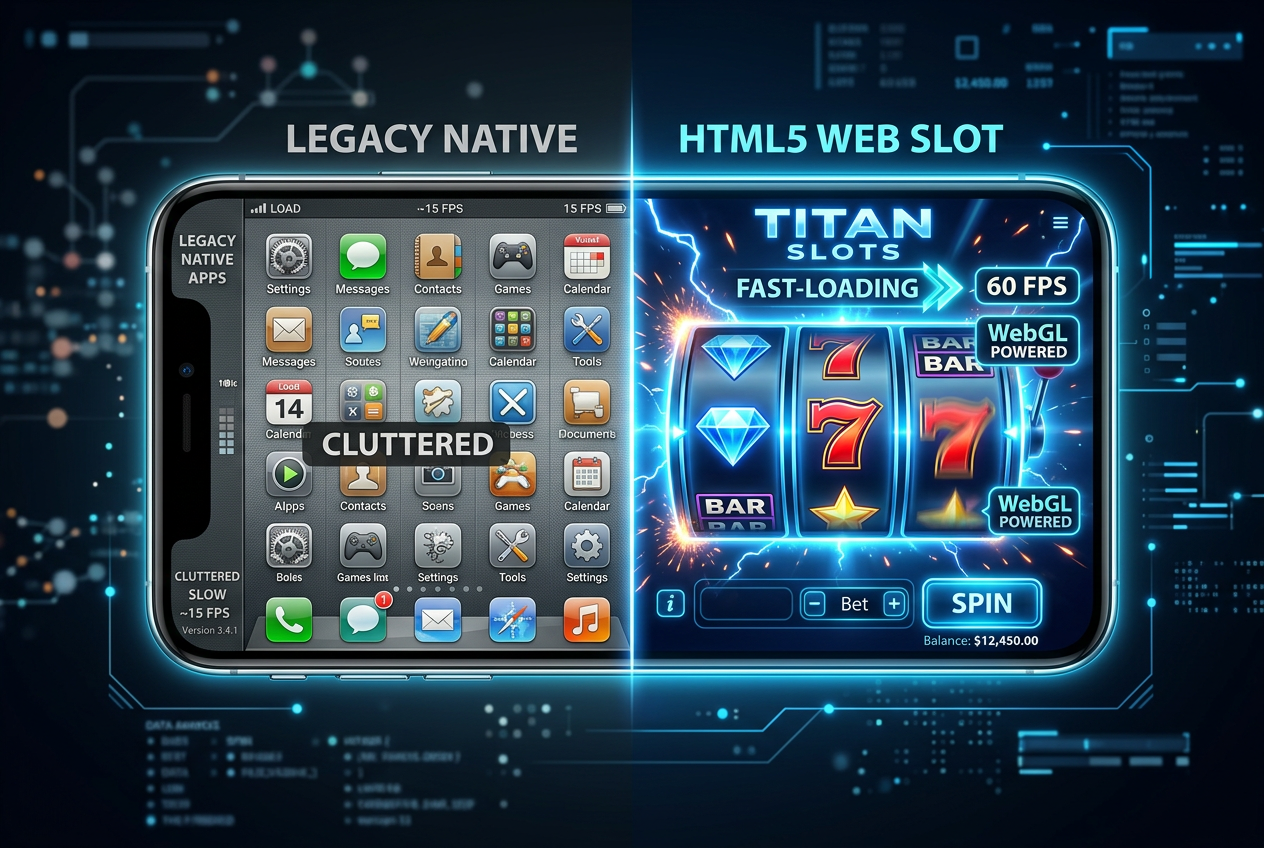 Diagram comparing HTML5 web slots and native mobile apps on a smartphone screen.